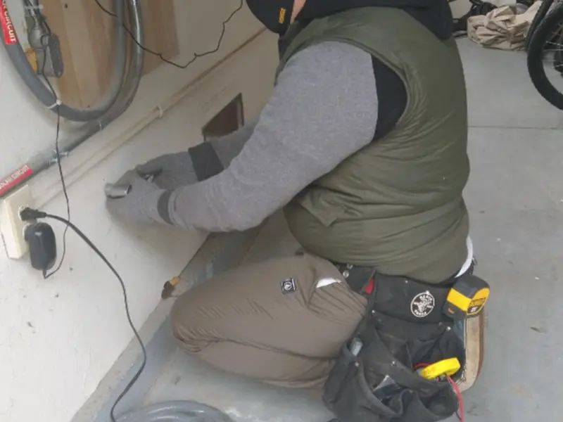 Electrician performing outlet wiring in a Junction City garage